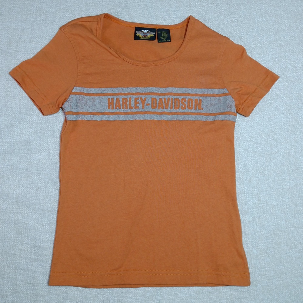 Harley-Davidson Silver Stripe Graphic T-Shirt Womens S Orange Biker Made in USA